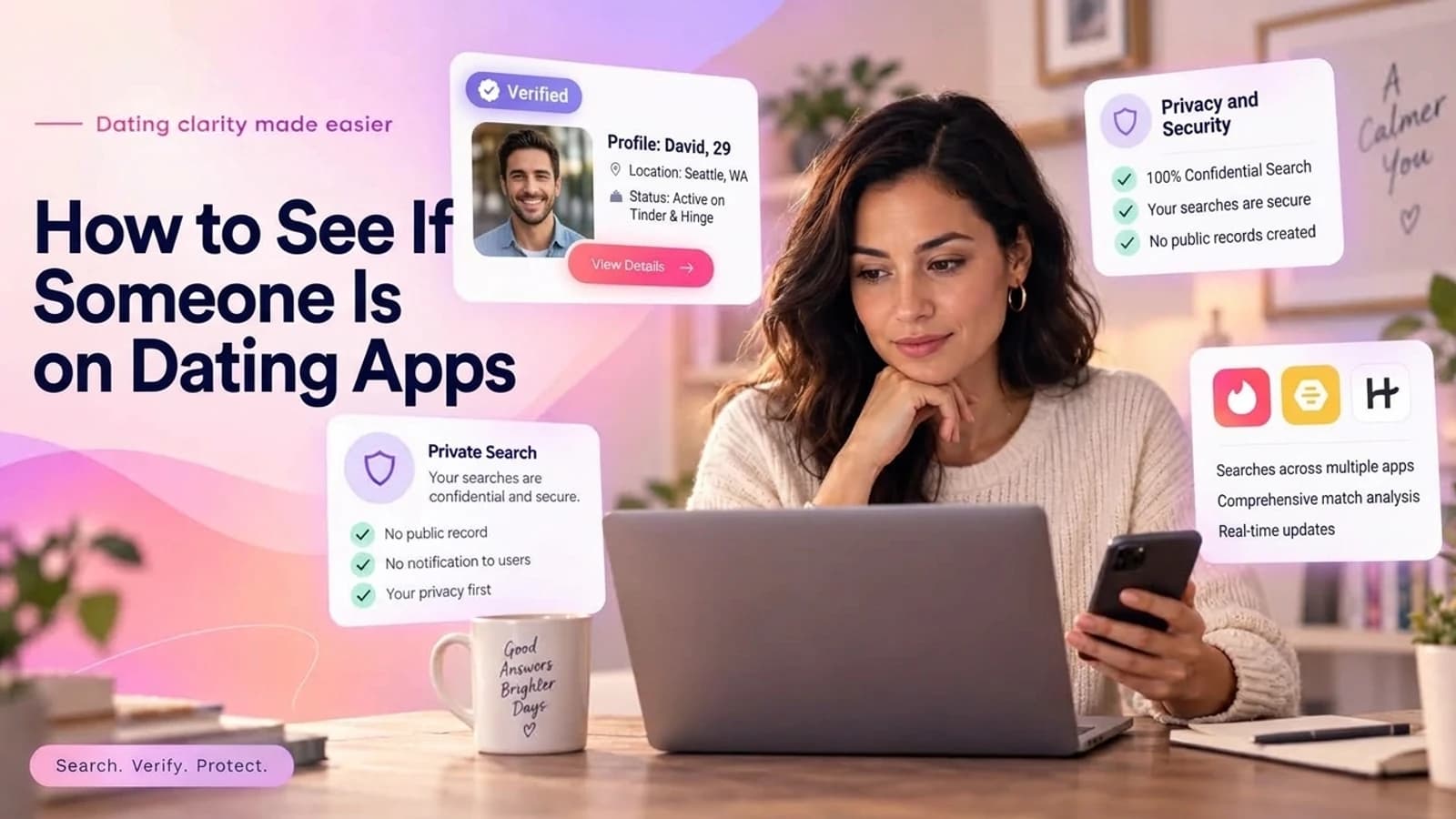 Person researching dating app profiles calmly on laptop and phone