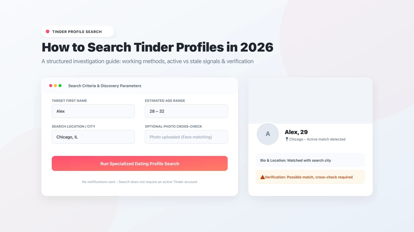 Tinder profile search guide interface and search methods overview