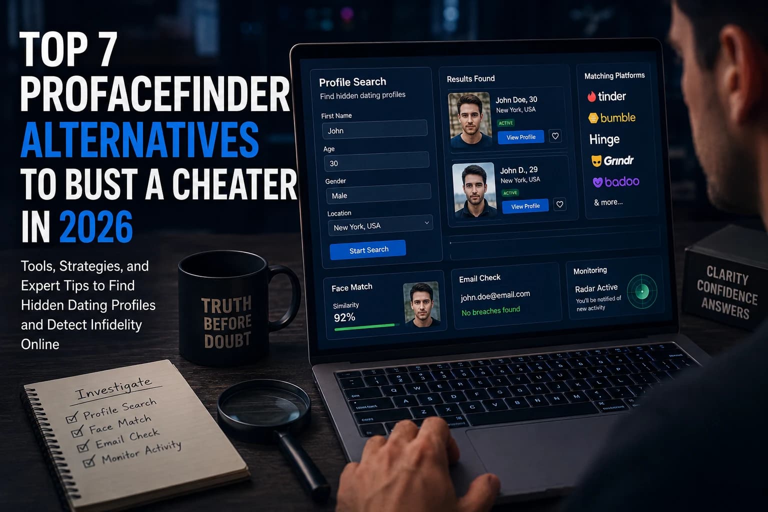 Alternativas de profacefinder 7 para detonar um trapaceiro em 2026 com um homem num laptop