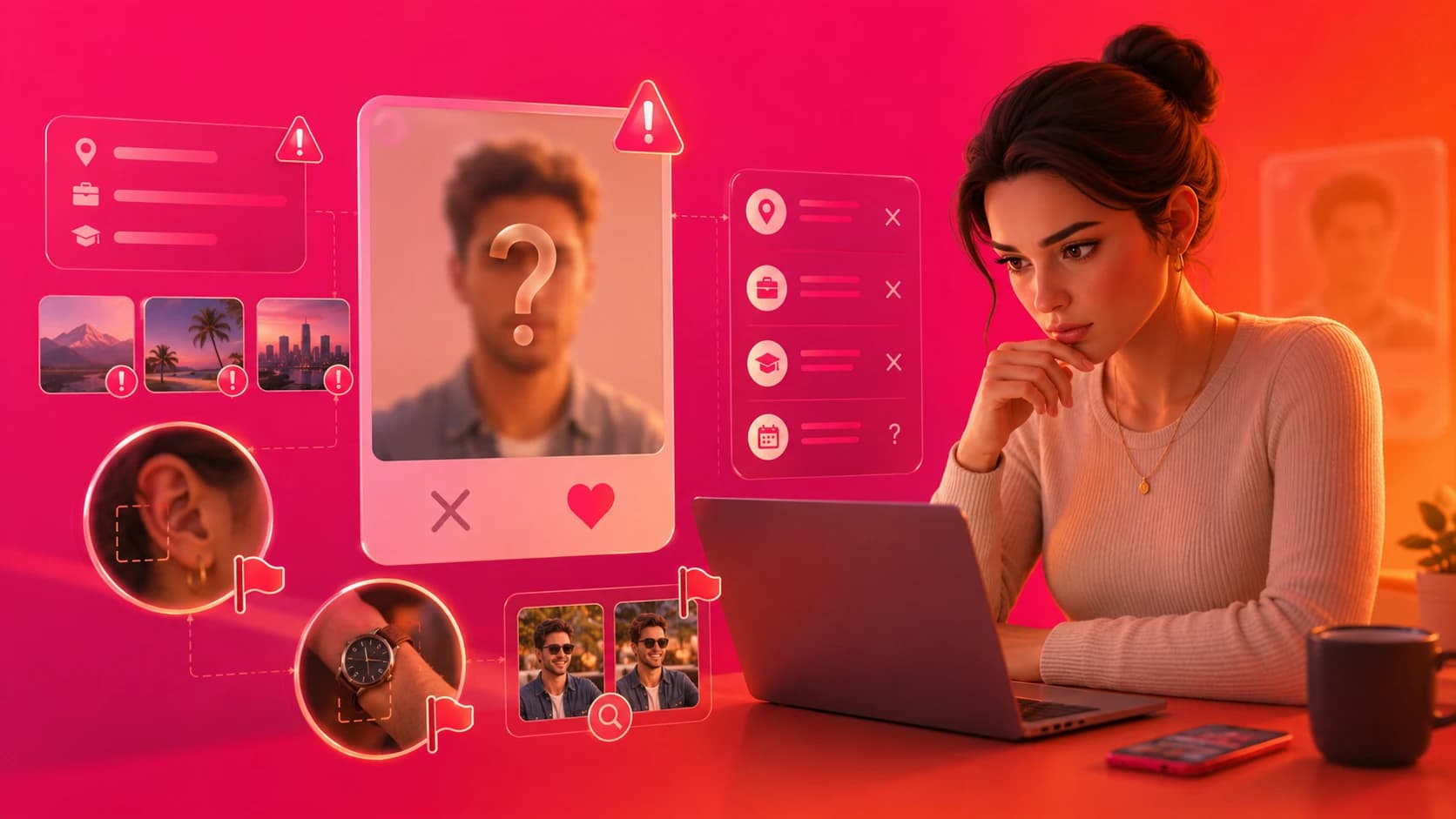 Pessoa que usa um laptop para analisar um vídeo e procurar perfis de encontros ocultos com uma ferramenta de busca de vídeo reversa.