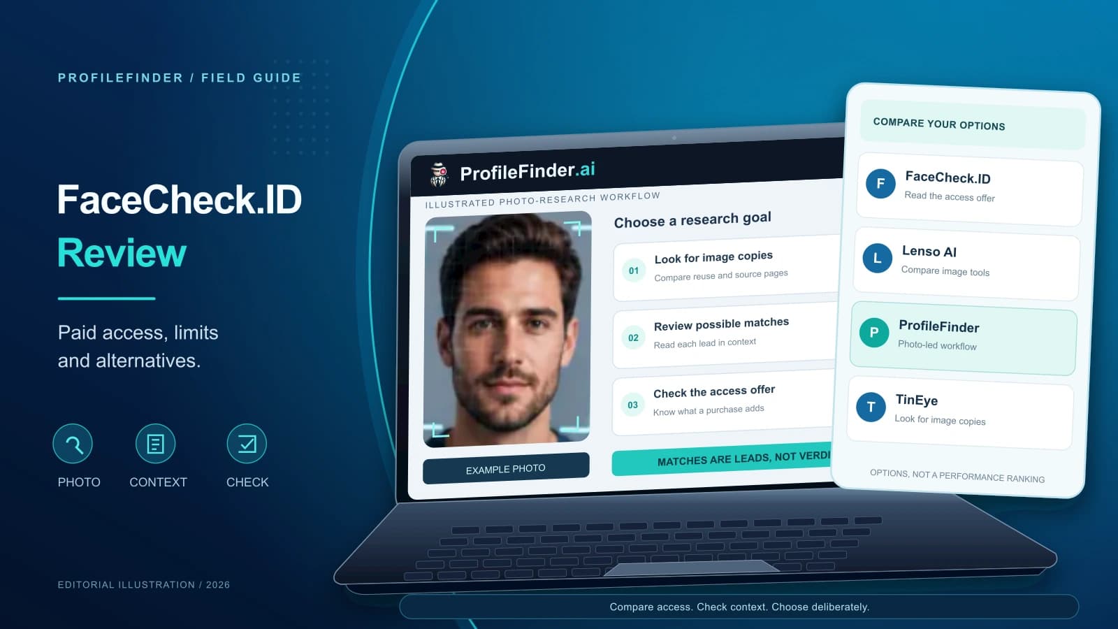 FaceCheck.ID Review: editorial laptop illustration with a sample portrait and a compare your options panel
