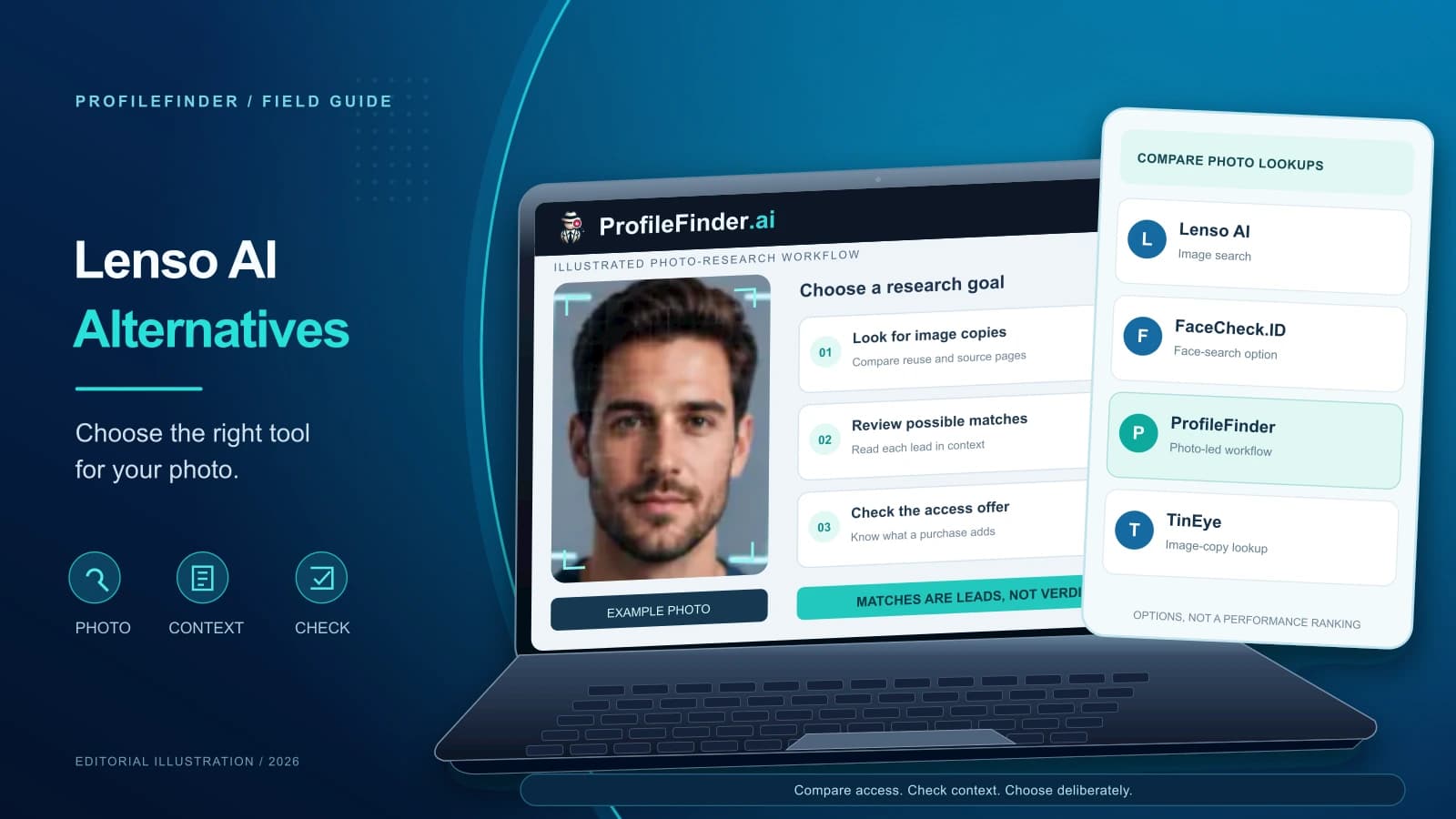 Lenso AI Alternatives: editorial laptop illustration with a sample portrait and a compare photo lookups panel