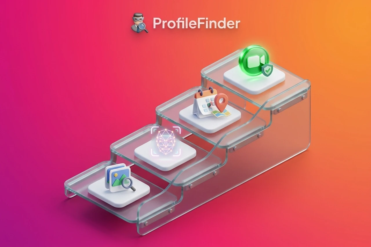 Four-level verification ladder illustrating progression from file duplicate matches to facial recognition, profile history, and live video confirmation