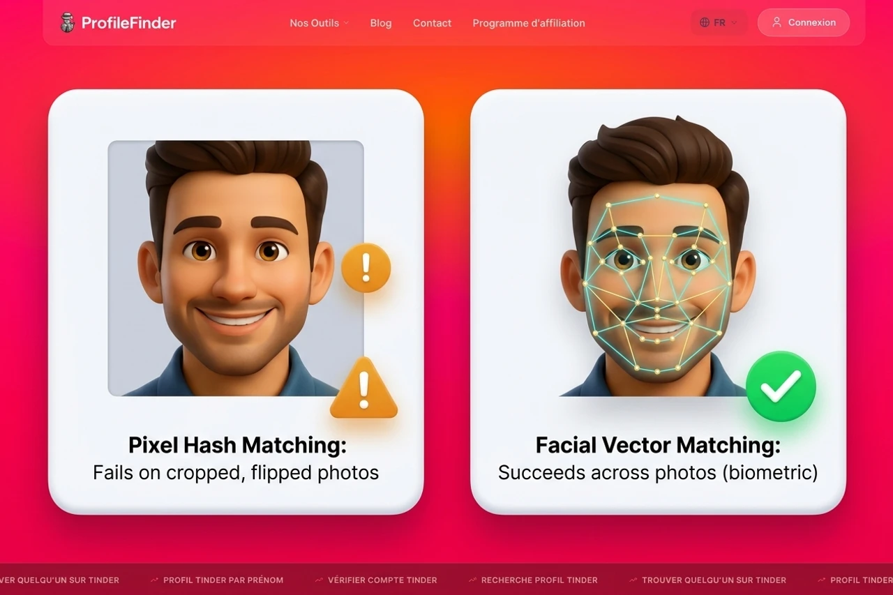 Comparison diagram showing pixel hash matching failing on cropped photos versus facial vector matching succeeding with biometric landmarks