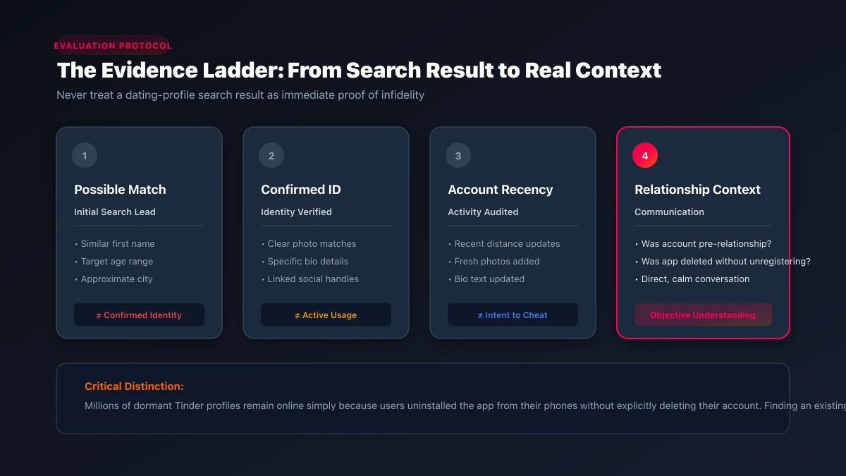 The 4-stage evidence ladder separating possible match, confirmed identity, account recency, and relationship context