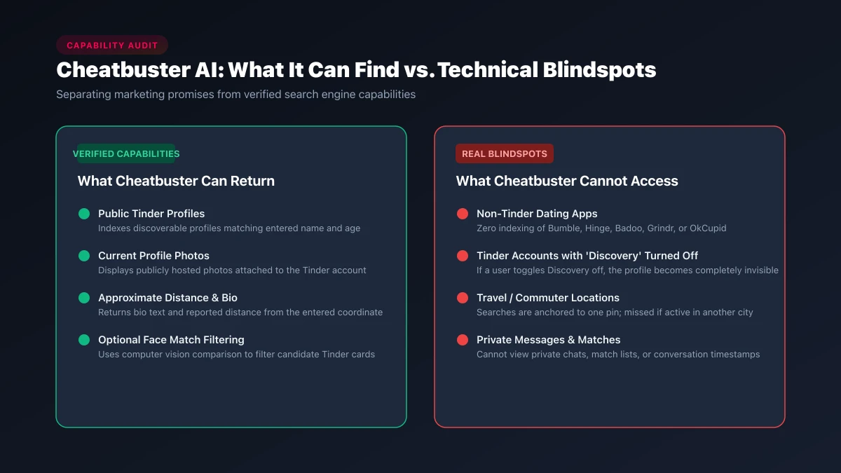 Comparison of Cheatbuster verified capabilities versus technical blindspots