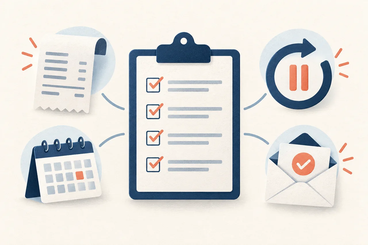Illustration of a billing, renewal, cancellation, and confirmation checklist