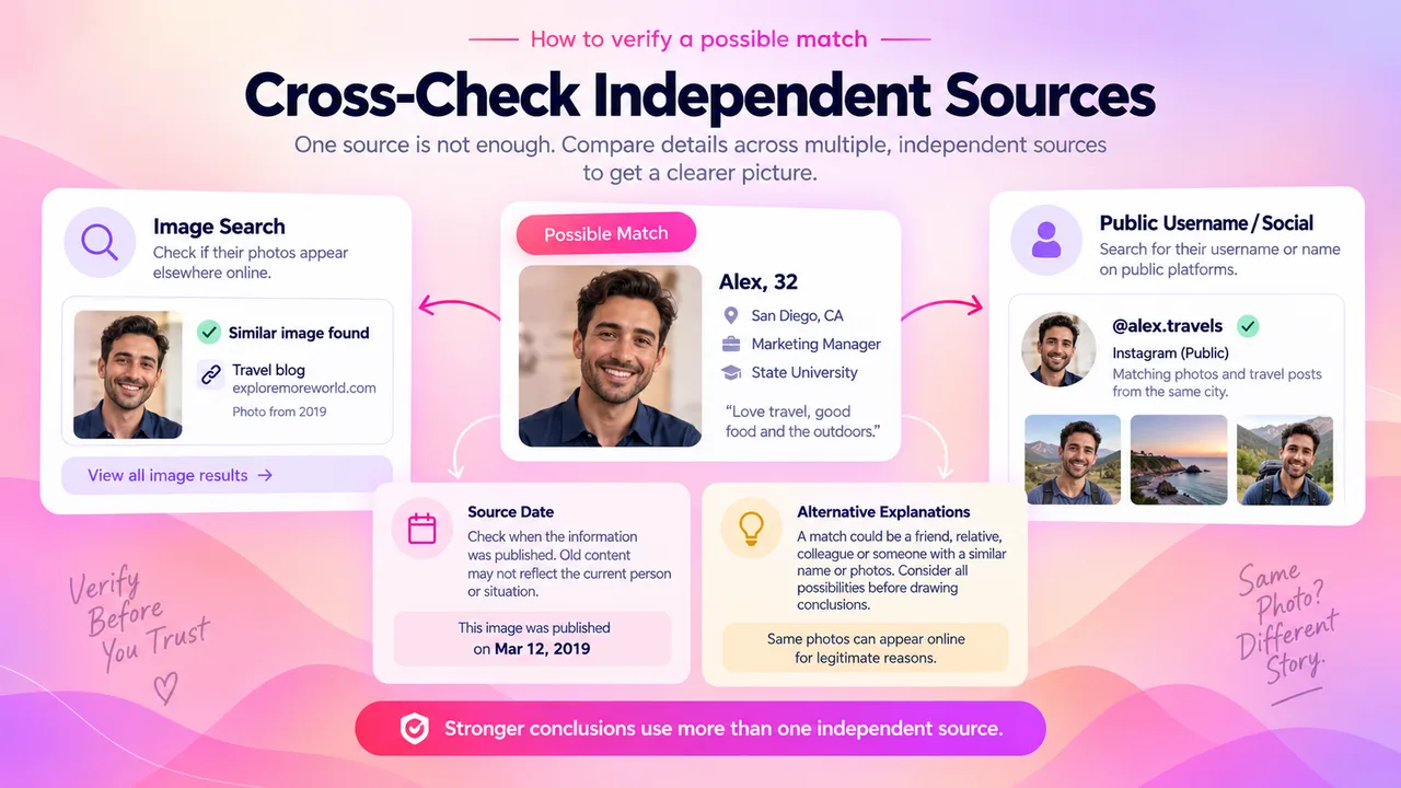 Illustration of a profile, image search, and public username being independently cross-checked