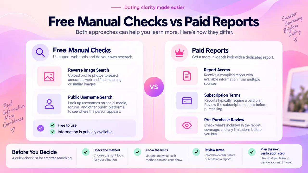 Illustration comparing free open-web research and a paid report with the same pre-purchase checklist