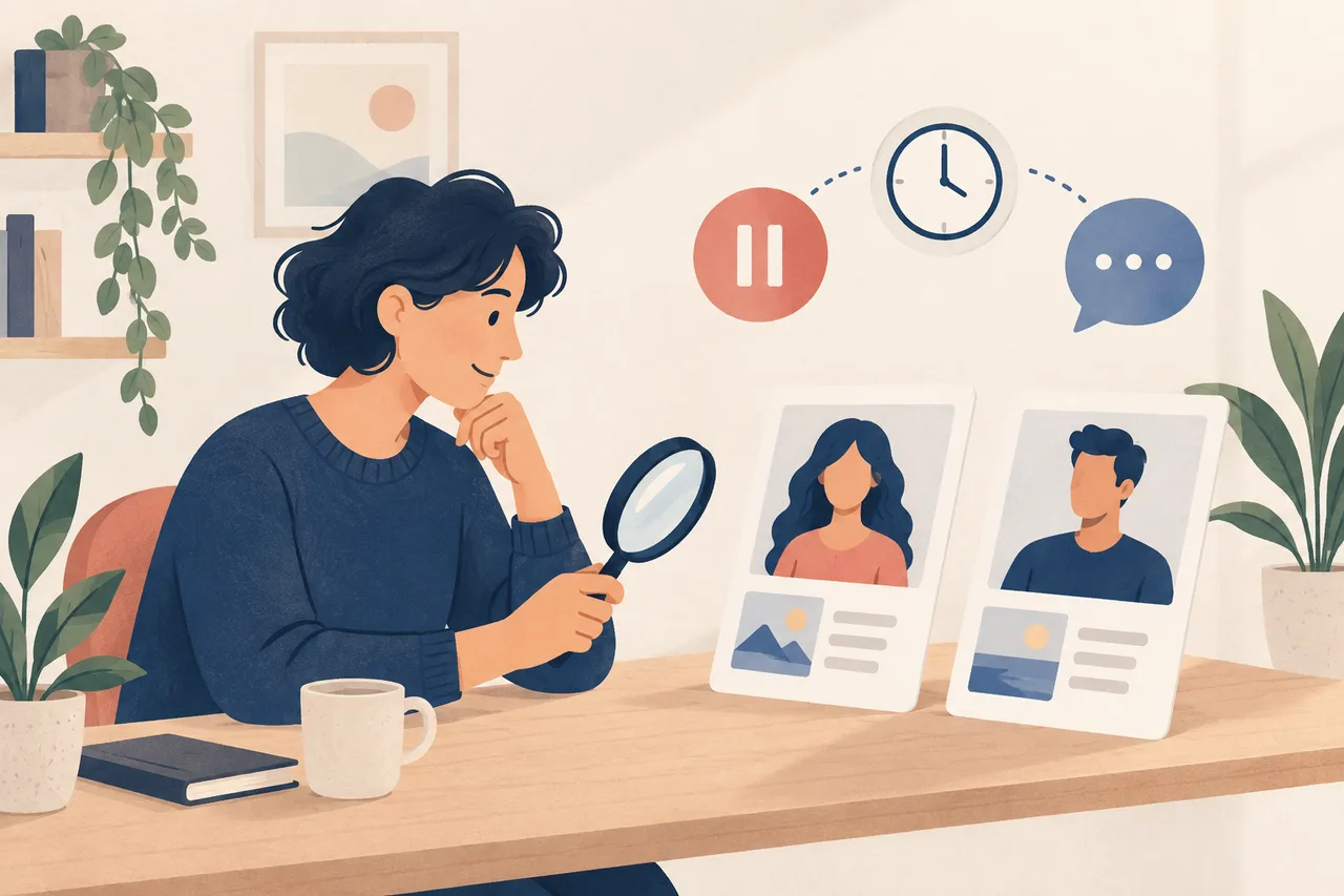 Illustration of someone calmly reviewing possible profile matches before deciding what to do