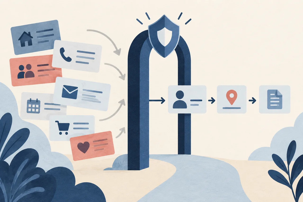 Illustration showing only necessary identity and location details passing through a privacy gate