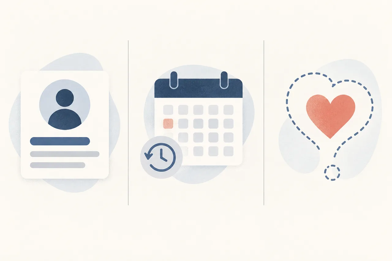 Illustration separating a profile match, account freshness, and relationship context