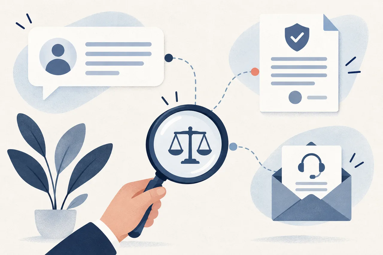 Illustration of official policies, customer feedback, support, and careful evidence evaluation