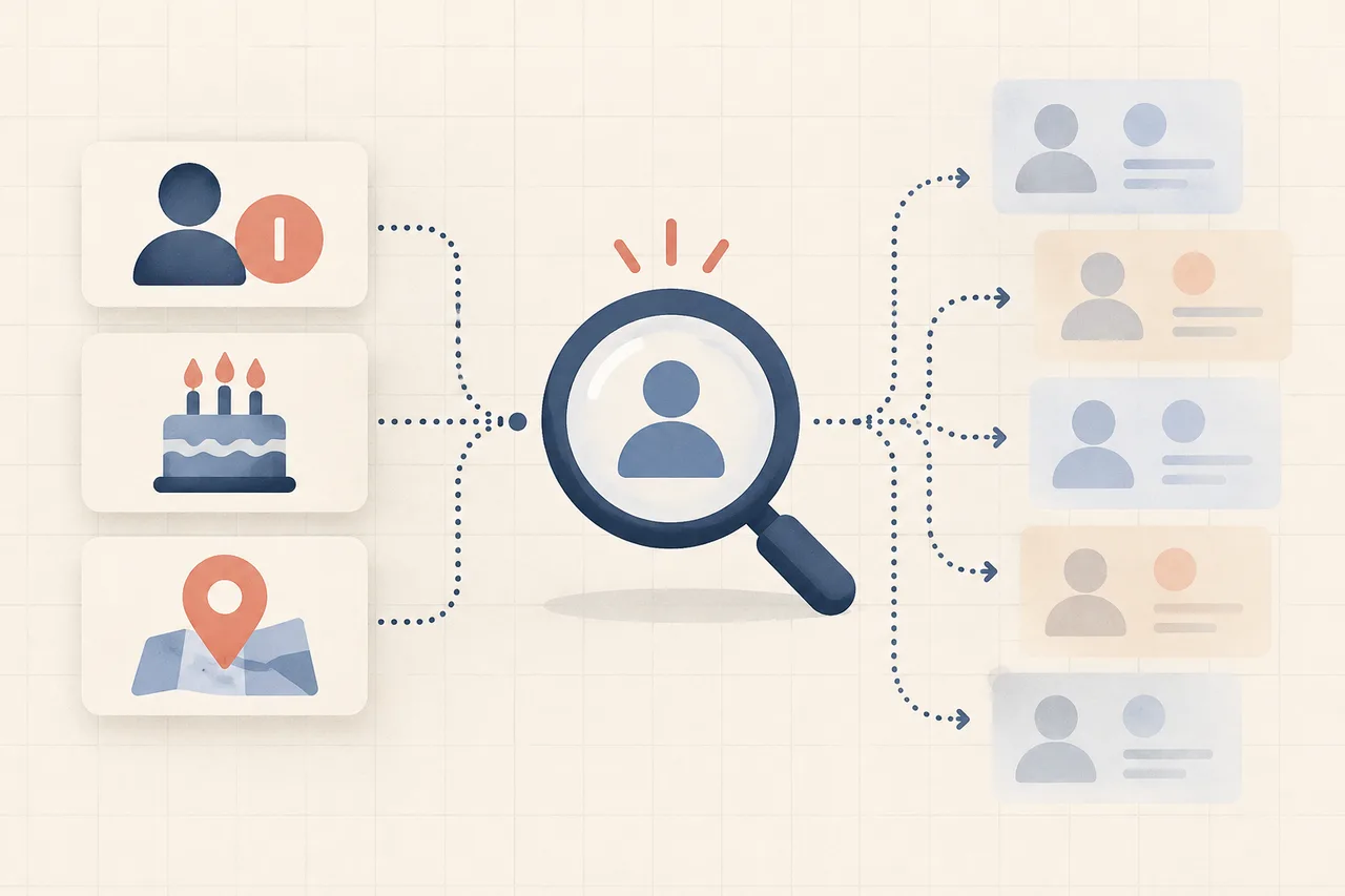 Illustration of name, age, and location inputs producing several possible profile matches