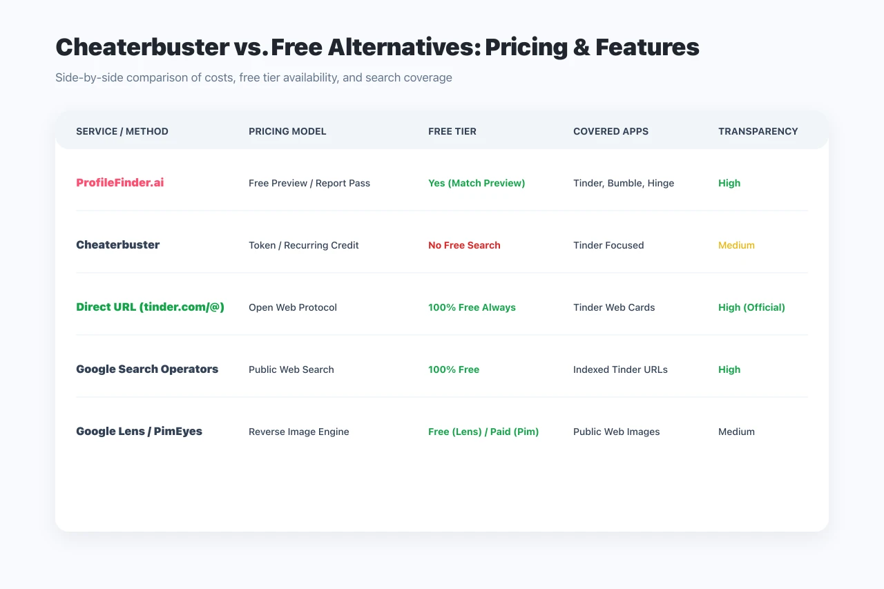 Cheaterbuster pricing comparison against free dating search alternatives