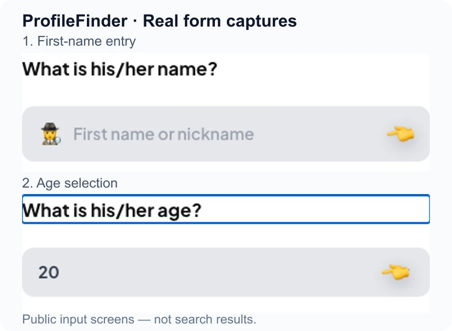 Echte Aufnahmen des ProfileFinder-Formulars mit Vornamensfeld und Altersauswahl