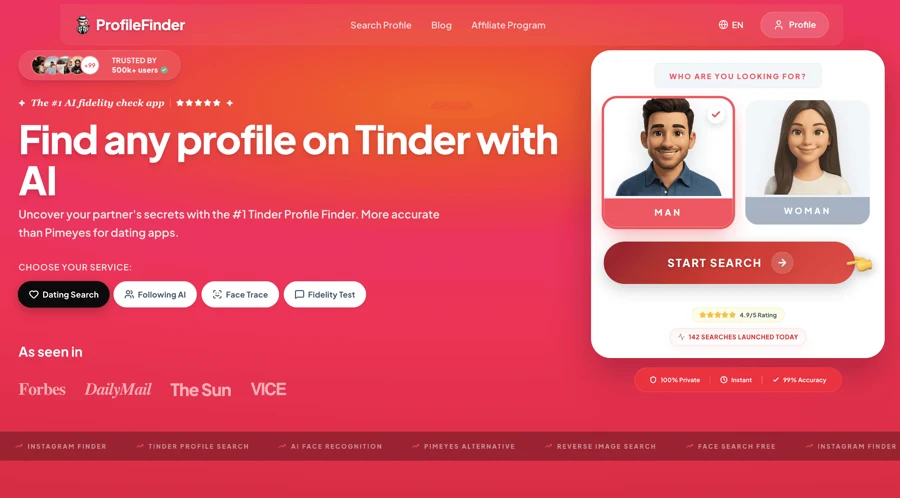 ProfileFinder dating profile search launch interface