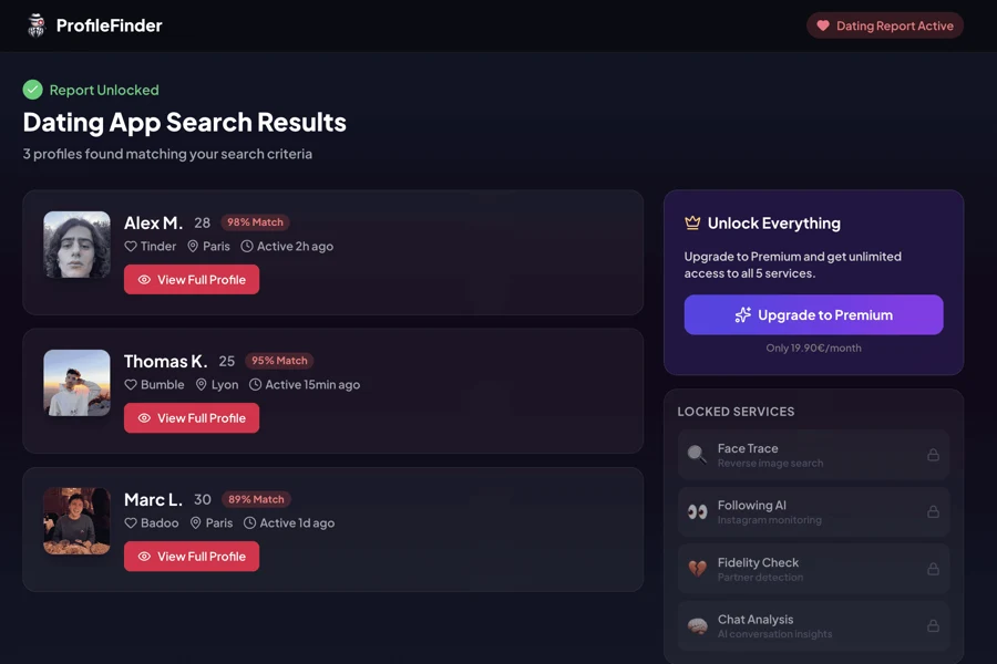 ProfileFinder search results page displaying candidate dating profiles