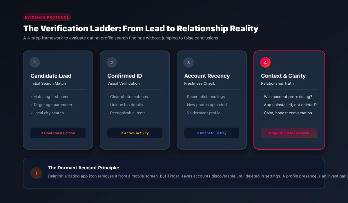 The 4-stage evidence ladder from public lead to confirmed identity and dialogue