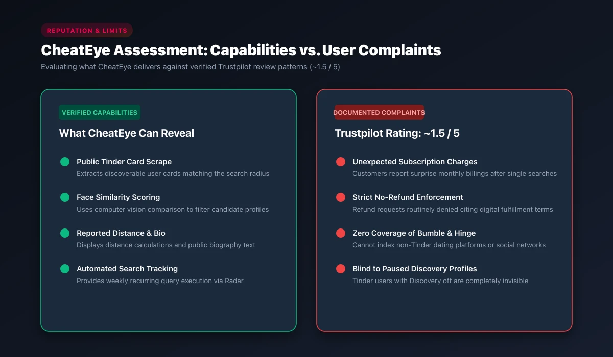 Cheateye capabilities vs Trustpilot score and billing complaints