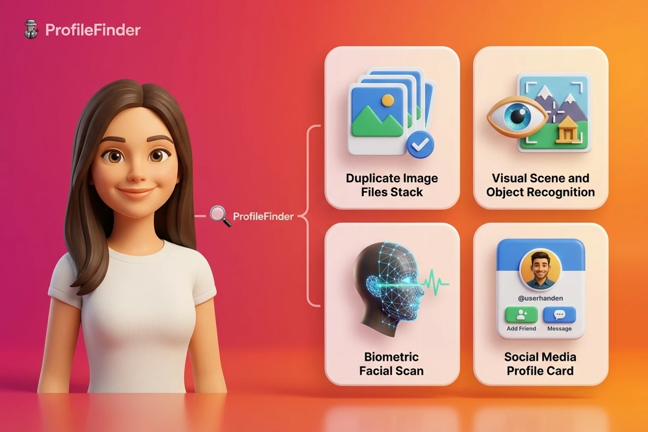 Diagram comparing exact image matching, visual similarity search, biometric face search, and social profile discovery