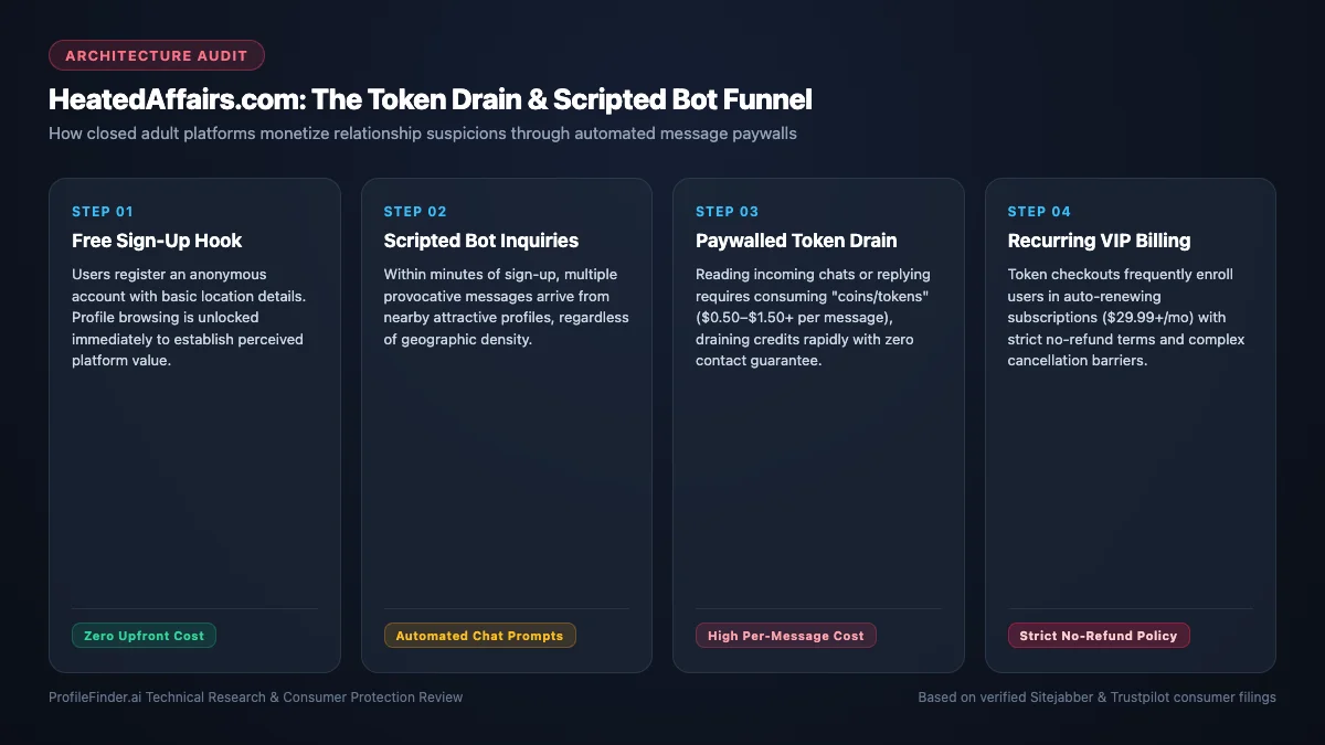 HeatedAffairs 4-step token drain and scripted bot funnel architecture