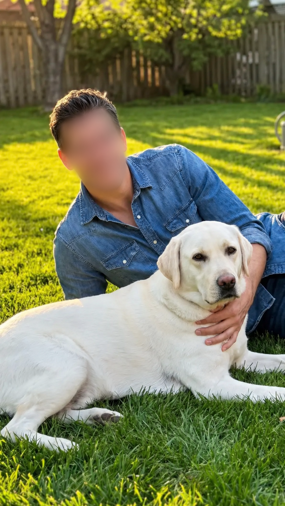 Profile photo with a dog outdoors and the face blurred