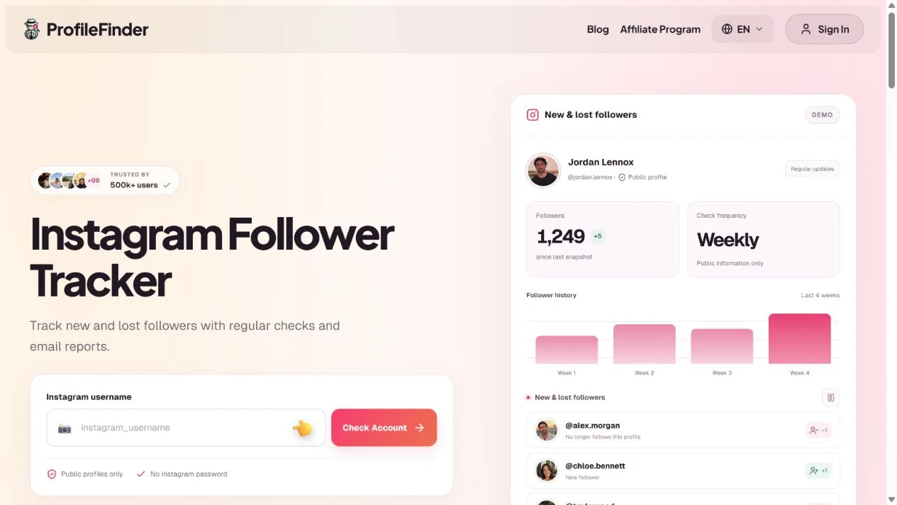 ProfileFinder public Instagram followers username form