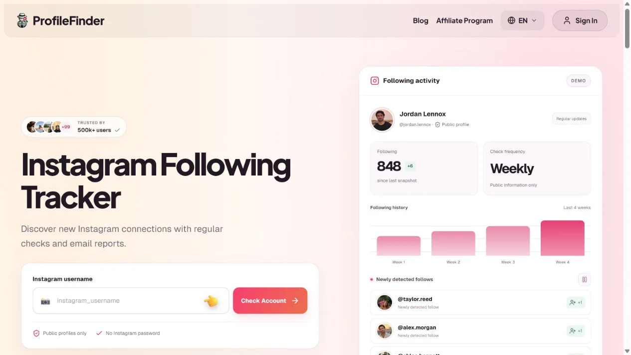 ProfileFinder public Instagram following username form