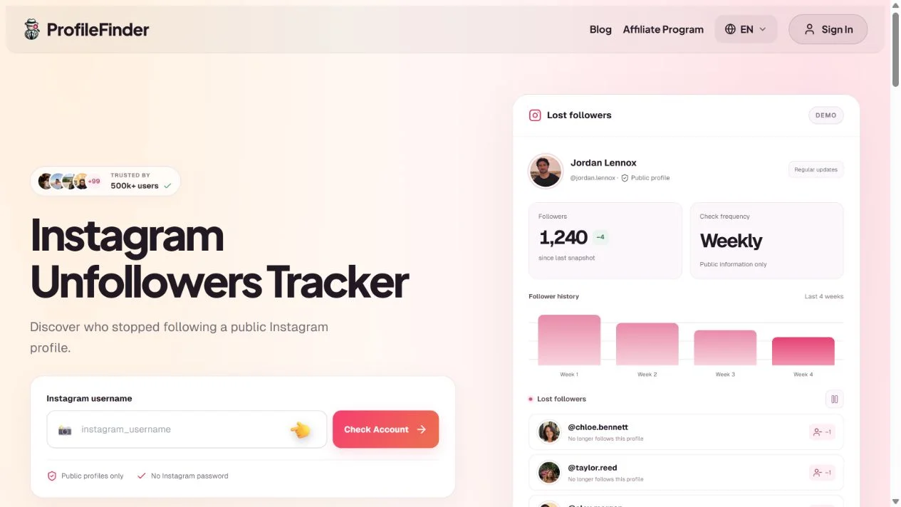 ProfileFinder public Instagram unfollowers username form