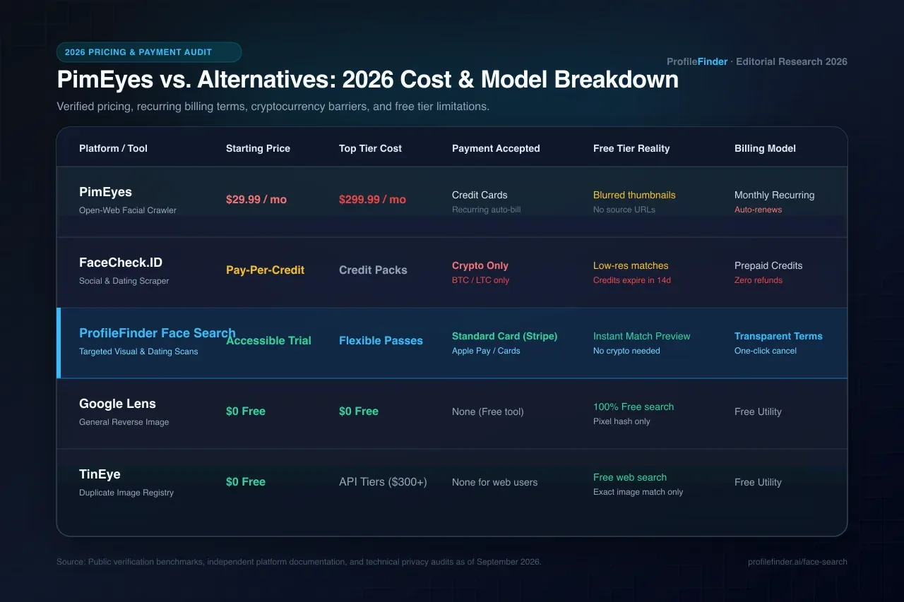 Comprehensive pricing and feature comparison table of PimEyes vs alternatives