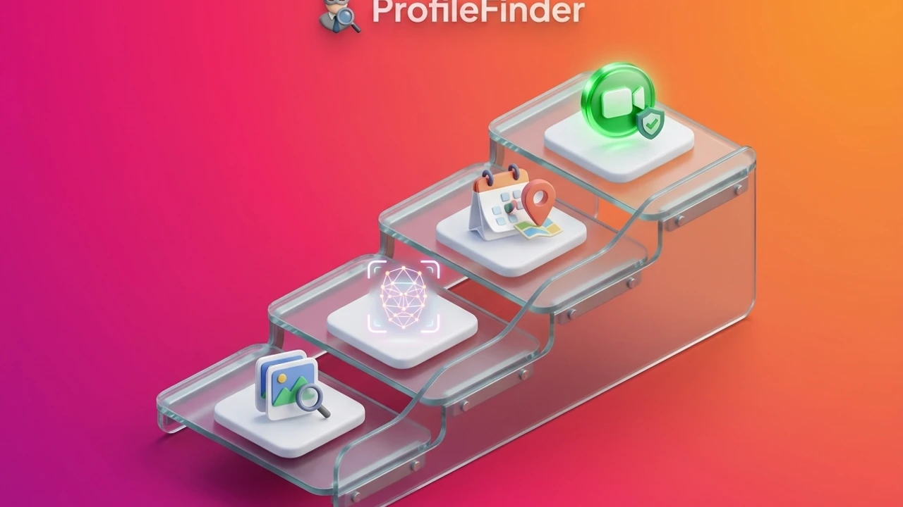 Four-level scam verification ladder moving from duplicate file detection to facial landmark vectors, profile history, and live interactive video