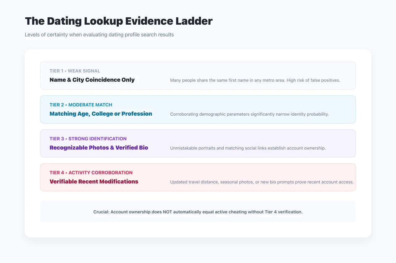 The dating profile lookup evidence ladder showing certainty tiers from weak to corroborated