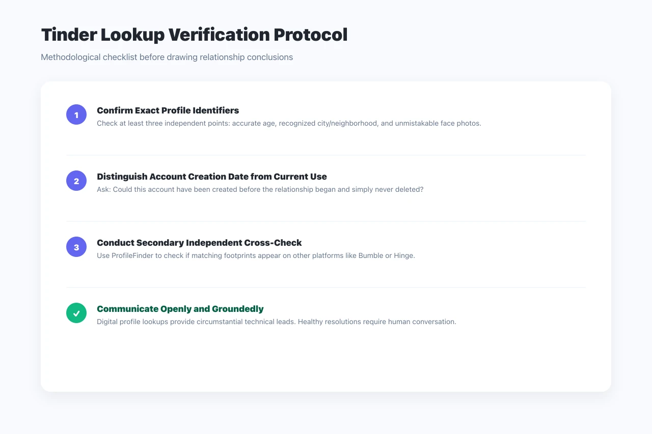 Tinder profile lookup methodology verification protocol checklist