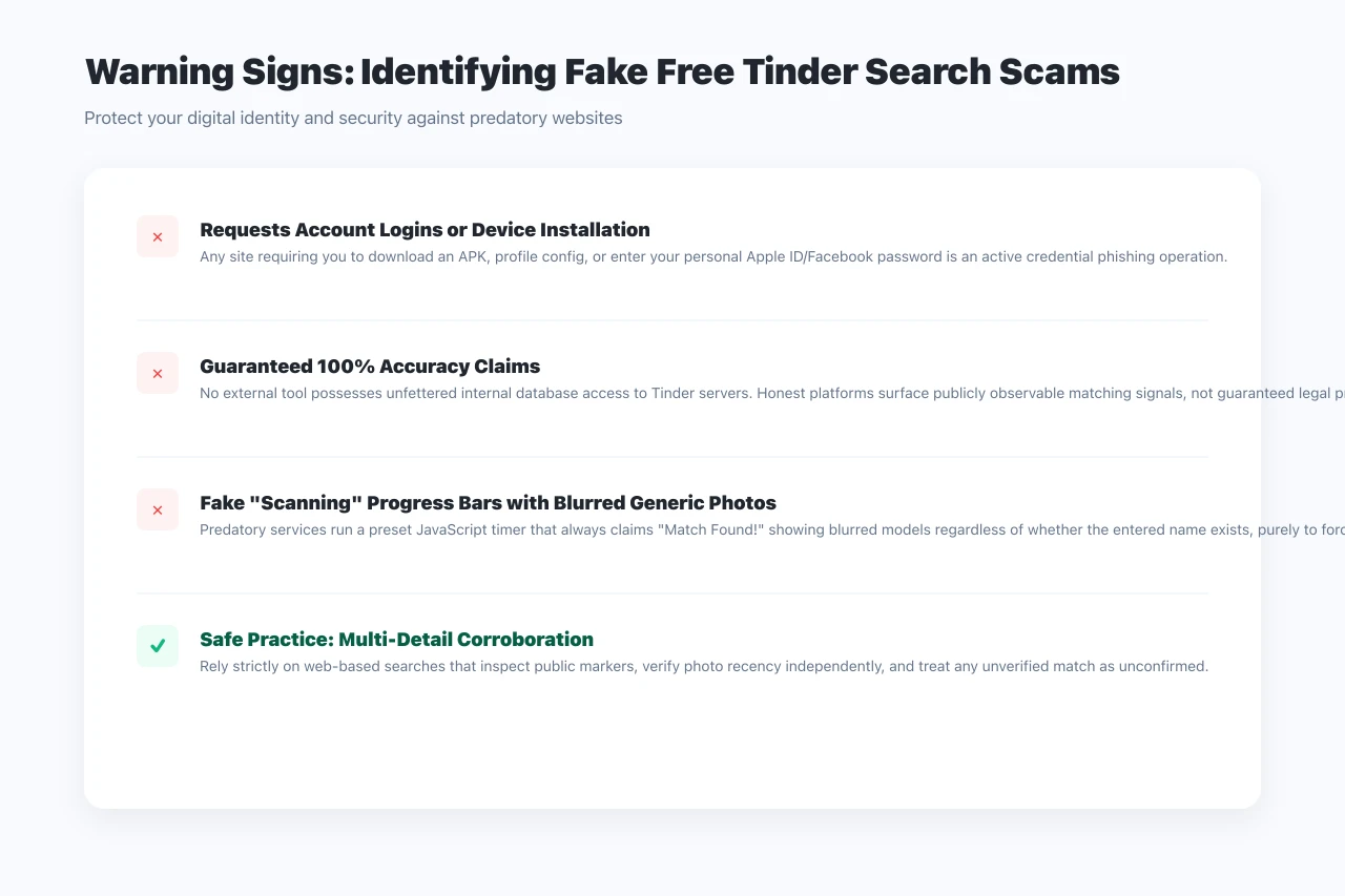 Warning signs for identifying fake free Tinder search scams and phishing sites