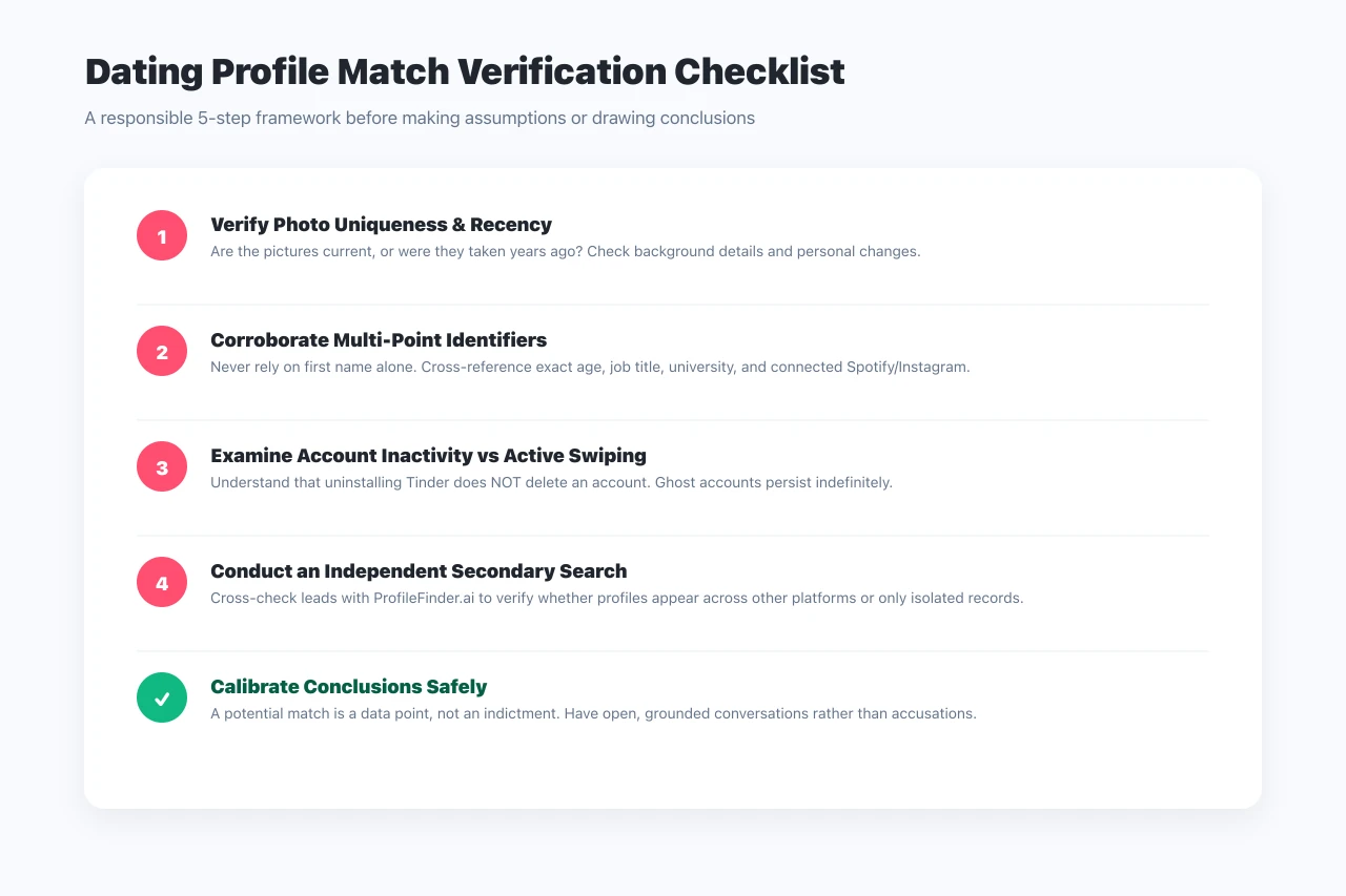 Step by step verification checklist for cross referencing Tinder profile matches